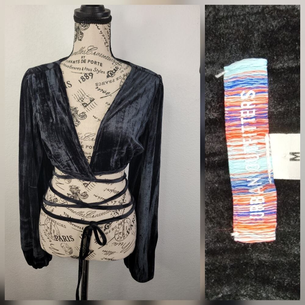 urban Outfitters Bolero Wrap Crop Top Sz M Velvet Tie Midnight Blue Whimsygoth